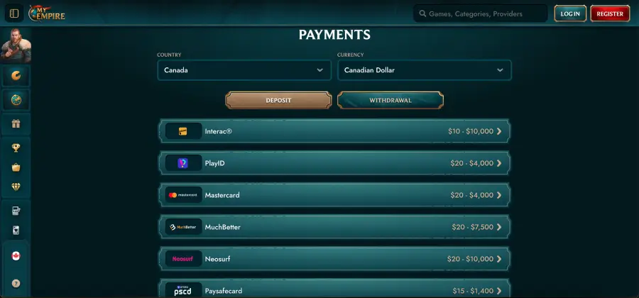 My Empire casino online payment methods table