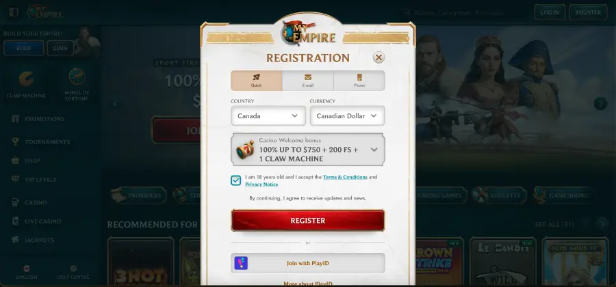 Panoramica dei bonus My Empire Casino con offerte di benvenuto e ricariche
